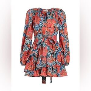 Ulla Johnson Coral and Blue Long Sleeve Dress